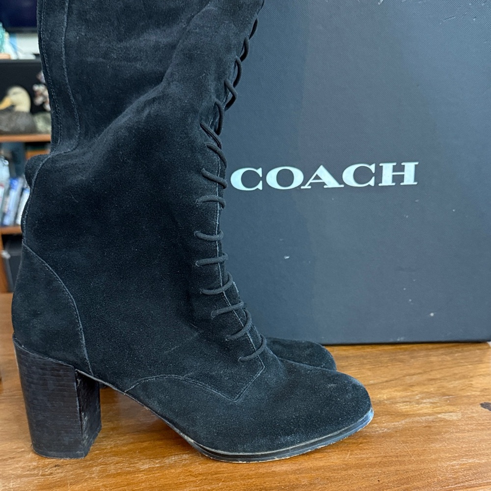 Coach Women's Lace-Up Black Suede Boots